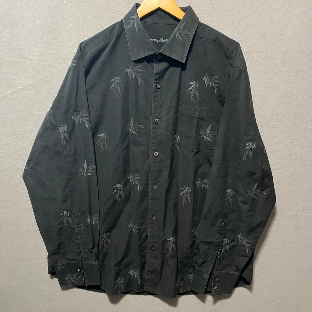 Tommy Bahama Mens XL Black Palm Leaf Print Cotton Silk Long Sleeve Button Shirt